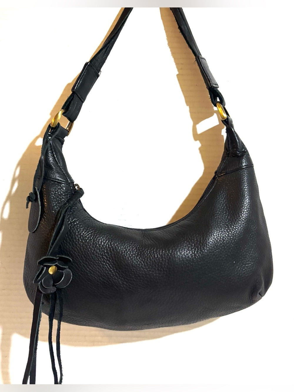 Steve Madden Black Pebbled Leather Shoulder Bag with Floral Tassel
